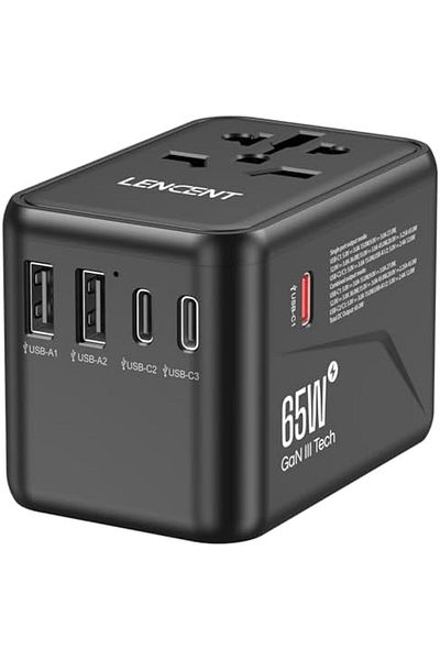 LENCENT Universal Travel Adapter, GaN III 65W International Charger with 2 USB Ports & 3 USB-C PD Fa