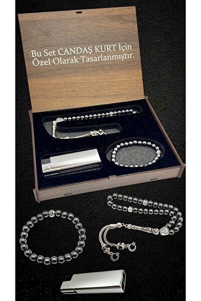 KANUNİ TESBİH Hematit Doğal Taşlı 3 Lü Set Tesbih,Çakmak,Bileklik Seti İsme Özel Ahşap Kutuda