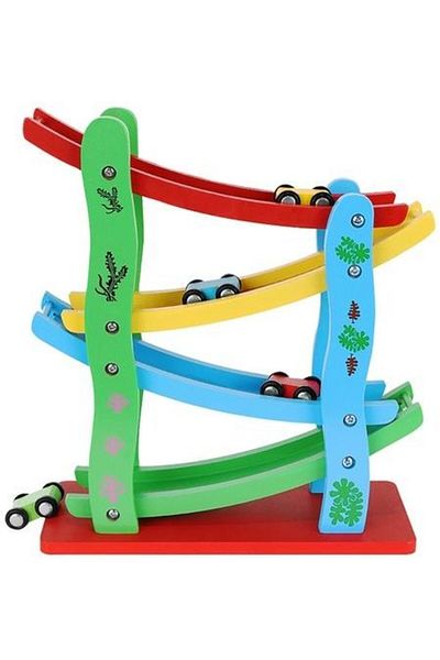 KRUZZEL Wooden toy, 4-story track with 4 cars, multi