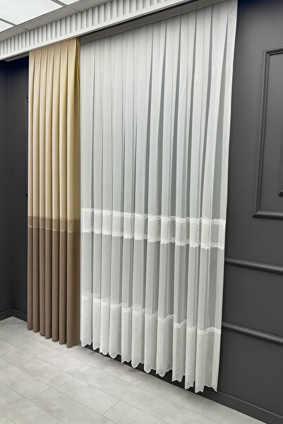 Emuz Pano Fon Perde Ekose Şeritli Krem Bej - Gold Sütlü Kahve 1 / 3 Sık Pilel...