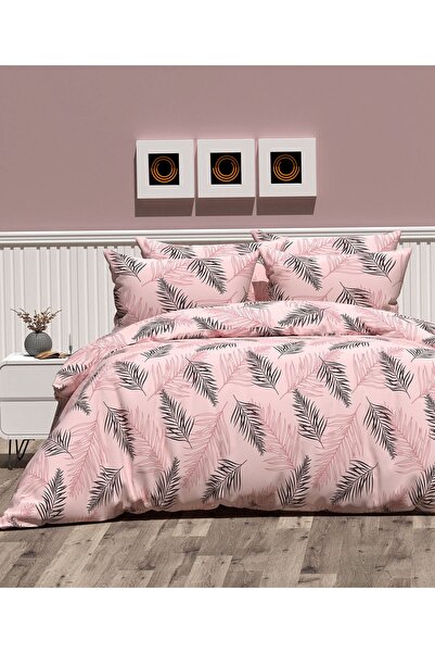İsmail Gürel Double Pink Feather Pattern Duvet Cover Set (with Elastic Sheet)