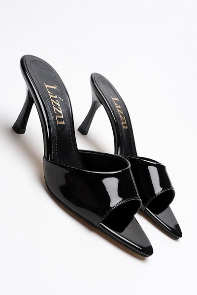 Lizzu Women's Pointed Toe Open Heeled Slippers Leni Black Patent Leather