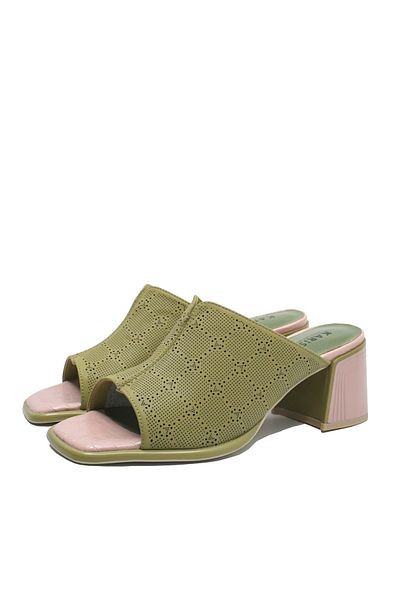 Karisma Lightweight Leather Mules, Khaki with Pink Heel