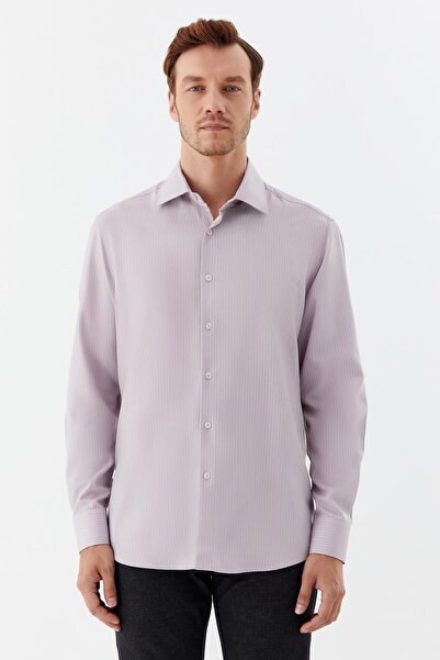 Sabri Özel Klasik Yaka Çizgili Erkek Gömlek Fuşya
