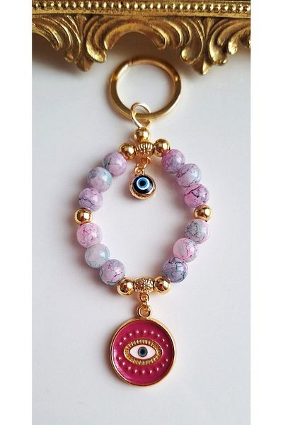 Svc Aksesuar Gift Evil Eye Beaded Moire Fuchsia Stylish Keychain 11.5 cm