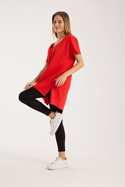 AMAZING CRASH Kadın V Yaka Yırtmaçlı Oversize Basic Tişört