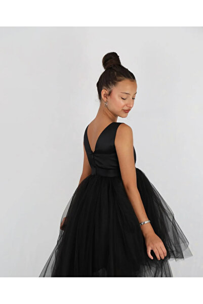 MadyaButik Κοριτσίστικο ΜΑΥΡΟ Μπροστινό Κοντό Πίσω Μακρύ Φόρεμα Αποφοίτησης Φόρεμα γενεθλίων