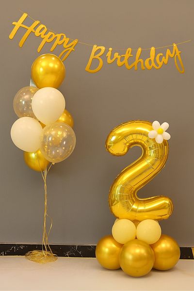 PARTİAVM 2 Year Old Gold Number Balloon Birthday Party Set Gold Color Number Chrome Balloon Happy Birthday Lettering