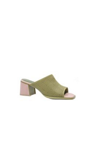 Karisma Lightweight Leather Mules, Khaki with Pink Heel