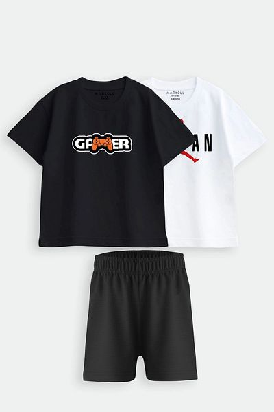 MARKOLL 5-12 Years Boys Shorts Set 2 T-Shirts 1 Shorts