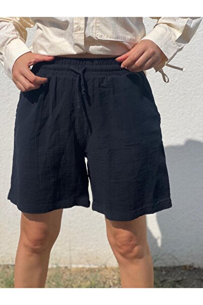 Dresslabtr Pamuklu 2 Kat Müslin Kumaş İç Göstermeyen Belden Bağlamalı Geniş Kalıp Rahat Kesim Unisex Cepli Şort