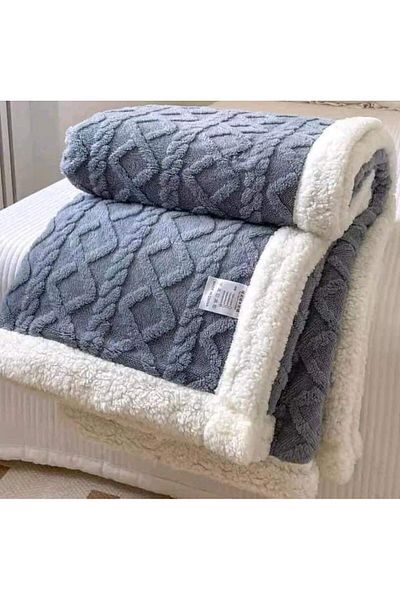 OEM Double bed fleece blanket, Knit pattern, Plain, 200x230cm, Blue Grey