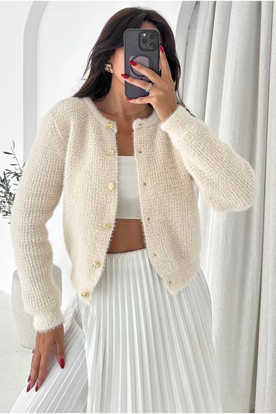 FEMELLE Beige Gold Button Detailed Soft Knitwear Cardigan - Standard Size