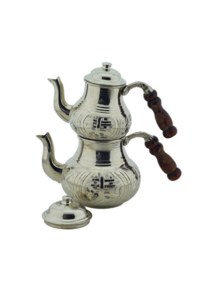 HitDukkan El Işlemeli Desenli Ahşap Saplı Küçük Boy Bakır Çaydanlık Gümüş Ren...