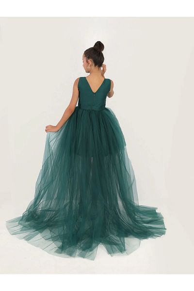 MadyaButik Girls' Emerald Green Front Short Back Long Wrap Dress Graduation Party Prom Birthday Dress