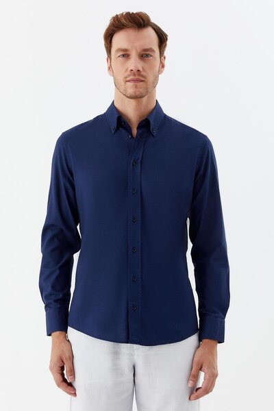Sabri Özel Düğmeli Yaka Erkek Gömlek Lacivert
