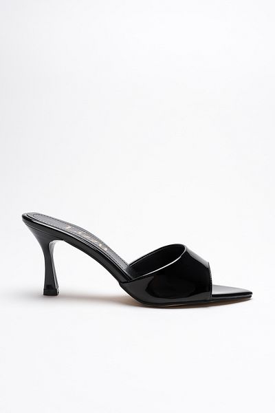 Lizzu Women's Pointed Toe Open Heeled Slippers Leni Black Patent Leather