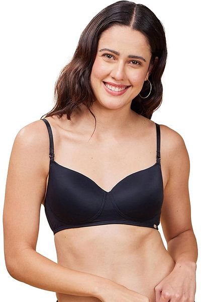 Enamor Women's Nylon Blend Wire Free Casual T-Shirt Bra (F131_Black