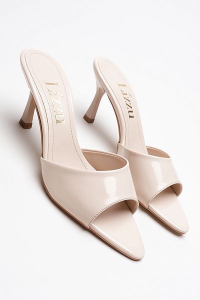 Lizzu Women's Pointed Toe Open Heeled Slippers Leni Beige Patent Leather