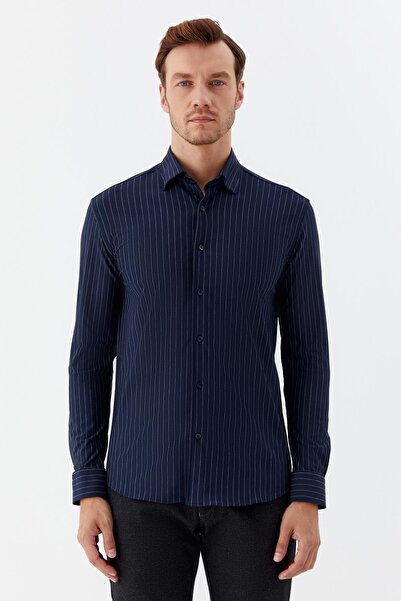 Sabri Özel Класична сорочка з коміром у смужку для чоловіків, синьо-біла