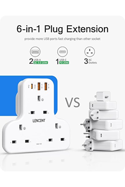 LENCENT وصلة توصيل متعددة المقابس، محول مقبس ثلاثي الاتجاهات بثلاثة مقابس، مخرج تمديد كهربائي مكعب 6 في 1 A