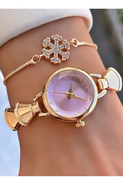 Merand Gold Color Elegant Women's Wrist Watch and Snowflake Rhinestone Bracelet Set – Pink Dial – Stylish Design