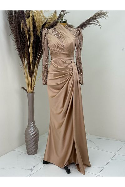 PİENNAR Asude Evening Dress with Beaded Front Draped Tail