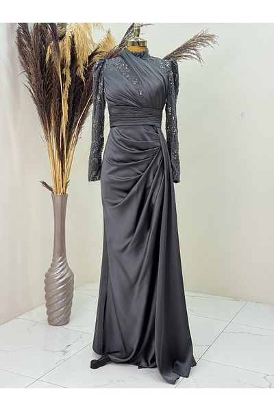 PİENNAR Asude Evening Dress with Beaded Front Draped Tail