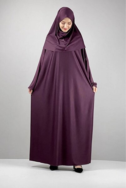 Defkay Tek parça başörtülü düz renk hafif kumaş kadın namaz elbisesi