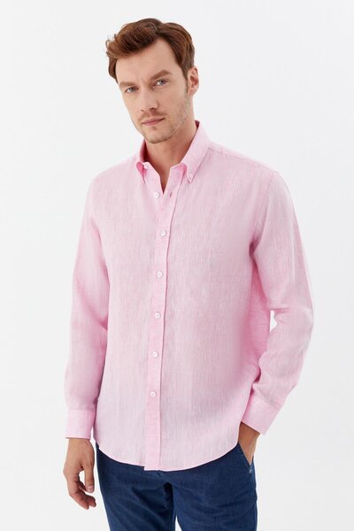 Sabri Özel Uzun Kollu Keten Erkek Gömlek Pembe