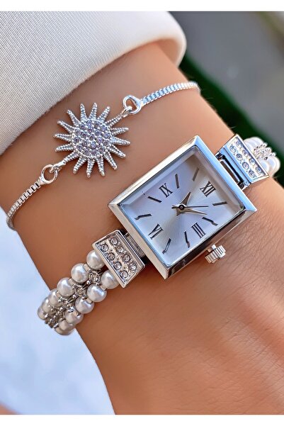 Merand Gümüş Renk Dikdörtgen Kadran İnci ve Taş Detaylı Kadın Kol Saati – Şık...