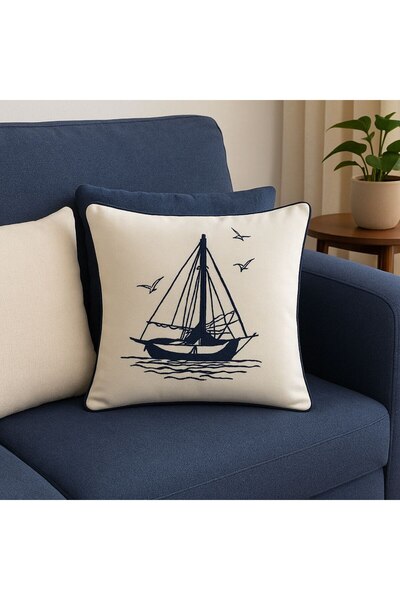 portofino Home Kırlent Kılıfı 43×43 cm (±2 cm), %100 Pamuk, Marine Yelkenli,