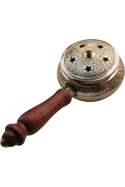 asmiat Hand Crafted Metal Lobandan Charcoal Incense Burner/Bakhoor Burner with Wooden Handle(Round)