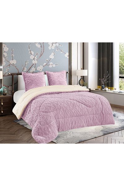 OEM Cocolino Quilt Set with Fur, Knitted, 3 Pieces, for Double Bed, 2 Pillowcases, 200 x 230 cm, Lilac