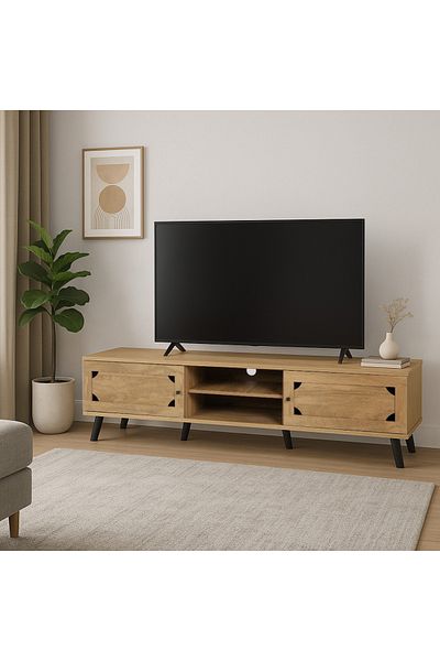 TrentonGCC 160 cm MDF Wooden TV Stand – 2 Doors, Shelves & Cable Hole – Black Legs