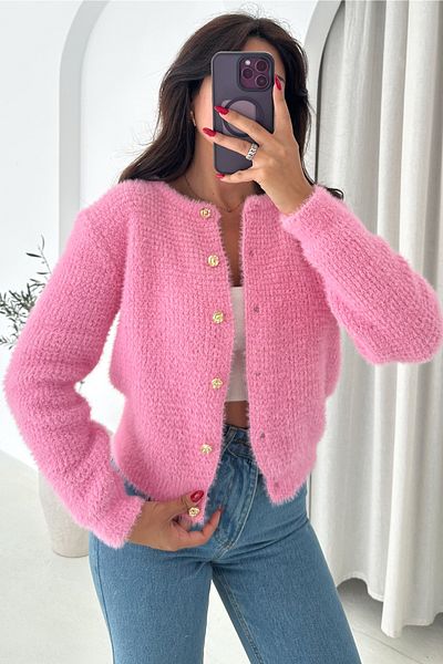 FEMELLE Pink Gold Button Detailed Soft Knitwear Cardigan - Standard Size