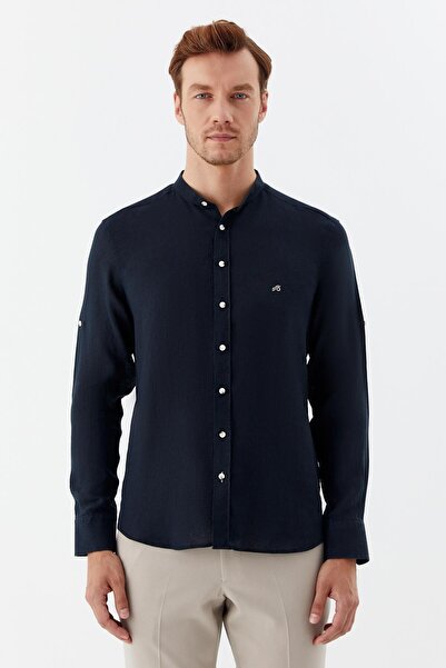 Sabri Özel Hakim Yaka Keten Erkek Gömlek Siyah