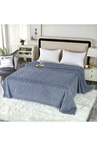 OEM Cocolino Fluffy Blanket with Blue Knitted Pattern, Double Bed 180x200cm