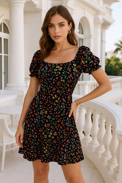 Rich Women's Boat Neck Summer Mini Dress – Patterned and Stylish Design
