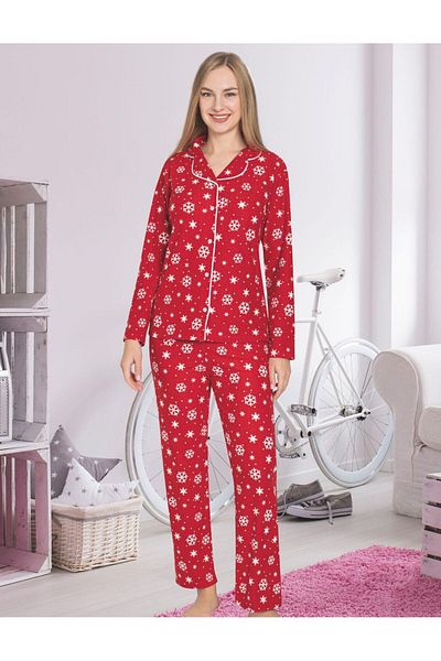 tusem butik homewear Women's Cotton Suede Fabric Red Snowflake Patterned Shirt Collar Buttoned Pajama Set
