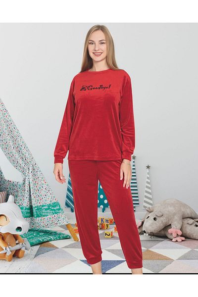 tusem butik homewear Women's Cotton Velvet Fabric Red Goddbye Pattern Winter Pajamas Set