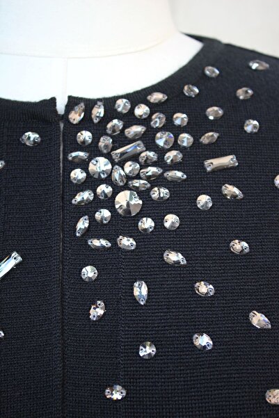 trikobis Serpme Crystal Stone Embroidered Detail Special Design Wool Knitted Jacket