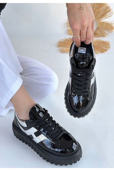 Zerenyus Gesti Premium Black Patent Leather Silver Thick Sole Lace-Up Sports Shoes