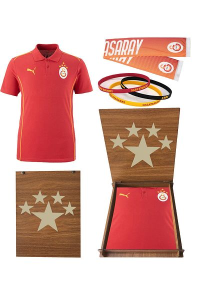 Galatasaray Original Puma Red 5 Star Polo T-Shirt with Scarf and Bracelet Gift Wooden Box
