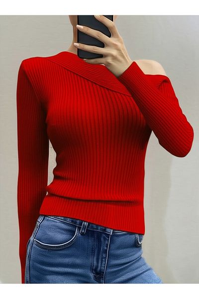 FLEX FASHION New Season Shoulder Detail Trend Knitwear Badi̇ Red