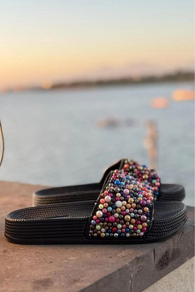 Pienn Women's Colorful Beaded Black Summer Slippers