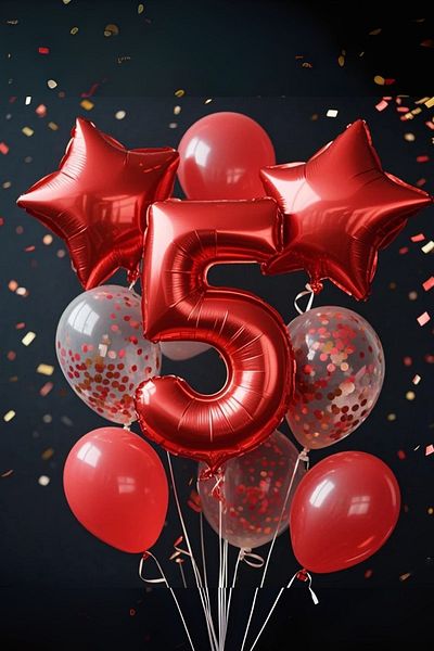 PARTİAVM 5 Year Old Red Number Balloon Birthday Party Set Red Color Balloon Red Sequin Transparent Balloon