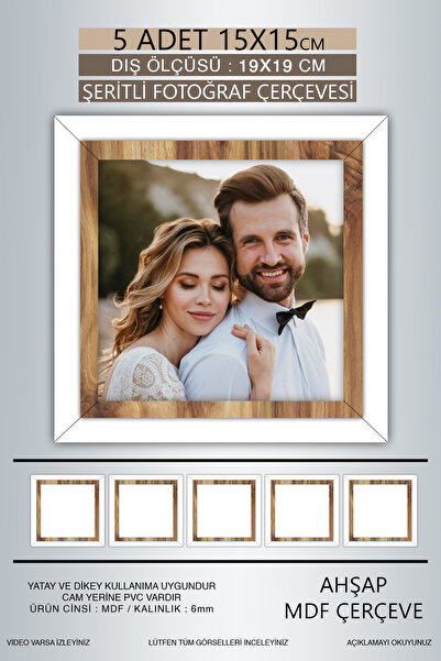 Bytwo 5 Adet 15x15 Çerçeve - Beyaz Ahşap Şeritli Fotoğraf Çerçevesi - Mdf Çerçeve - Kare Çerçeve