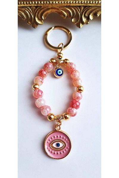 Svc Aksesuar Gift Evil Eye Beaded Moire Pink Keychain 11.5 cm