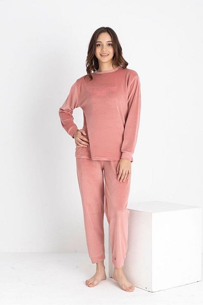 tusem butik homewear Women's Cotton Velvet Fabric Dusty Rose Color Always Heart Pattern Winter Pajamas Set